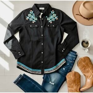 Vintage Goa Embroidered Western Shirt Black Boho Cowgirl Button NWT M